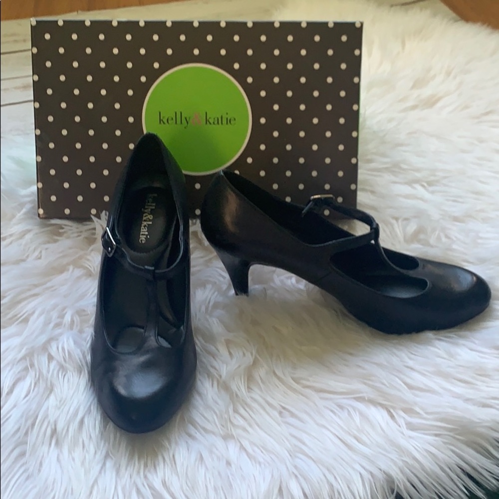 Kelly and Katie Black T Strap Closed Toe Heels